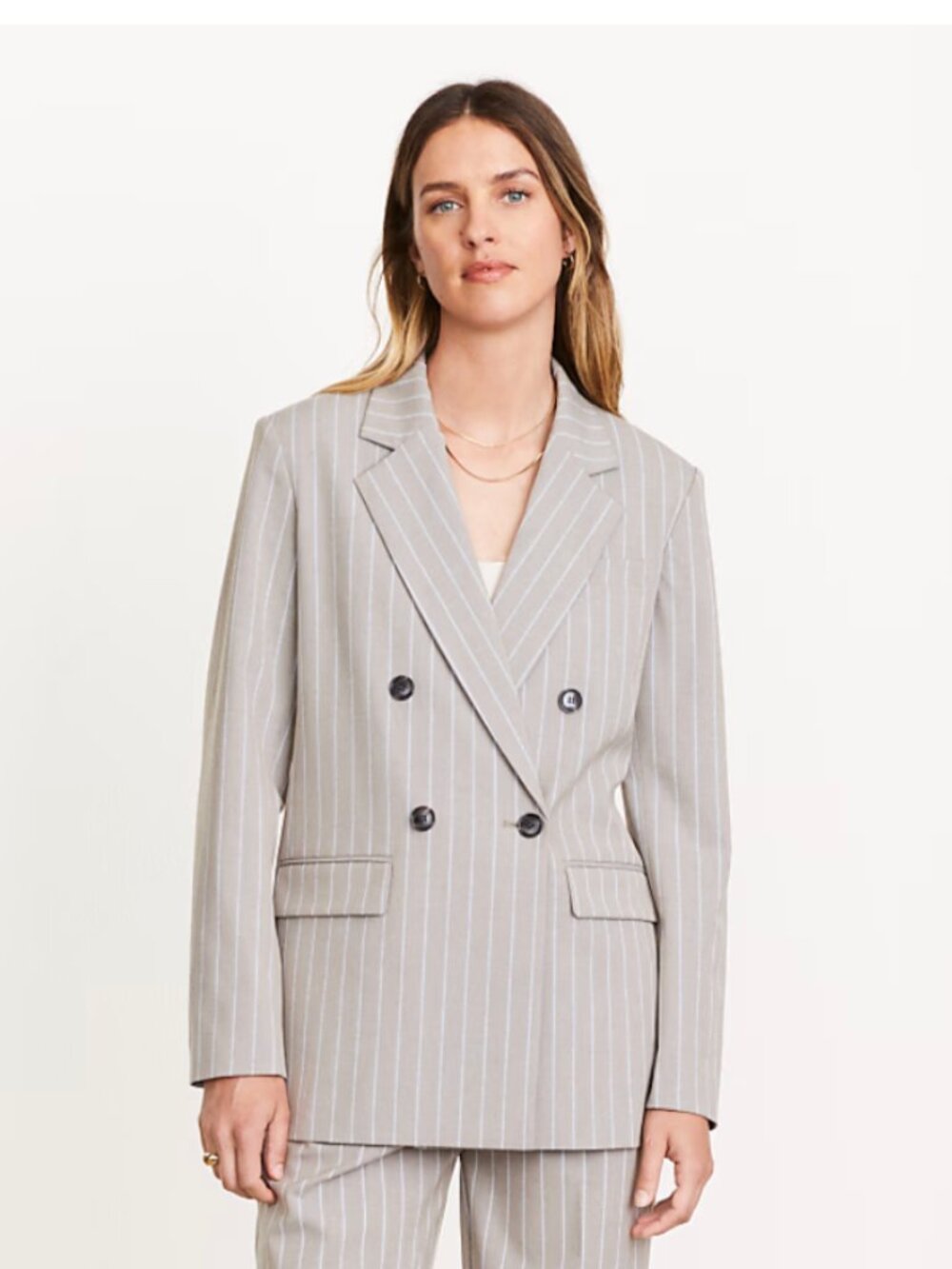 NWOT LOFT Versa Striped Seasonless Stretch Double Breasted Blazer Whisper White